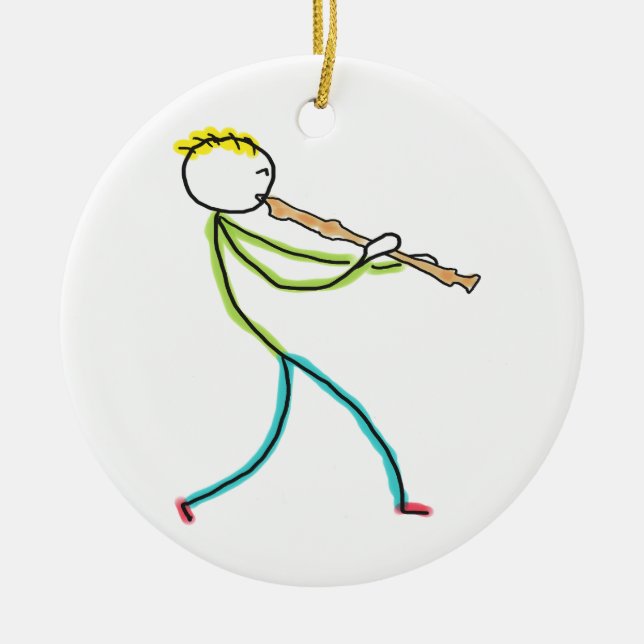 Recorder Playing Stickman Ceramic Ornament (Front)
