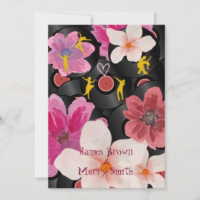 Records Dancers Joyfulness Pink Flowers Wedding Invitation (Front)