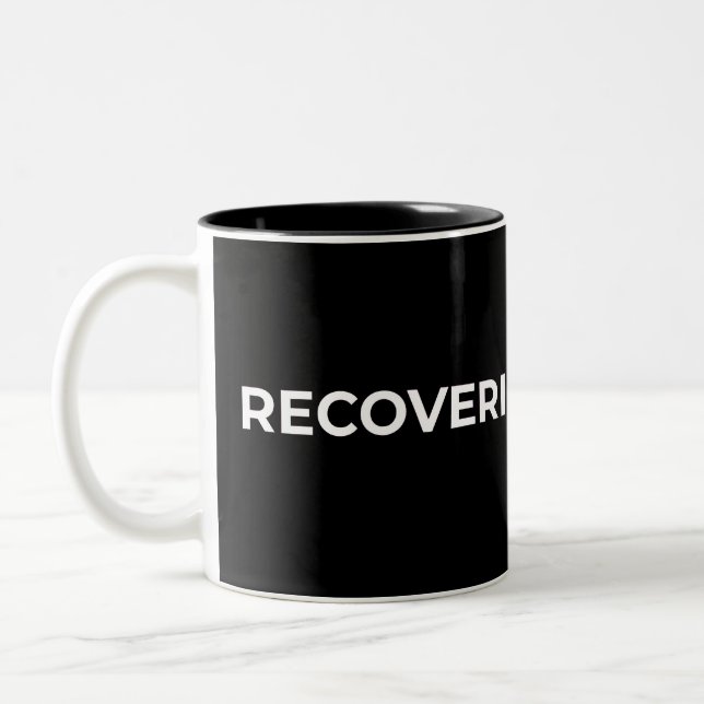 Recovering Optimist Minimalist Typographic Black  Two-Tone Coffee Mug (Left)
