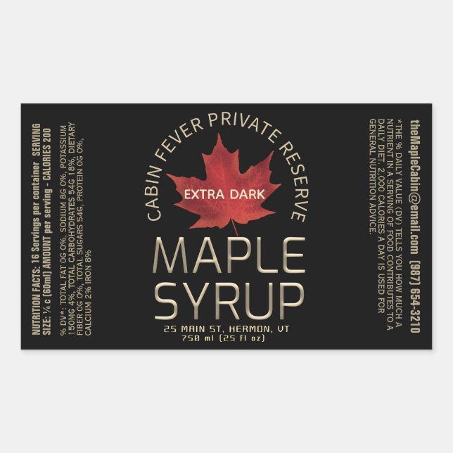 Rectangle Black Maple Syrup with Nutrition Facts  Rectangular Sticker (Front)