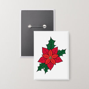Rectangle Button Pin With A Christmas Poinsettia