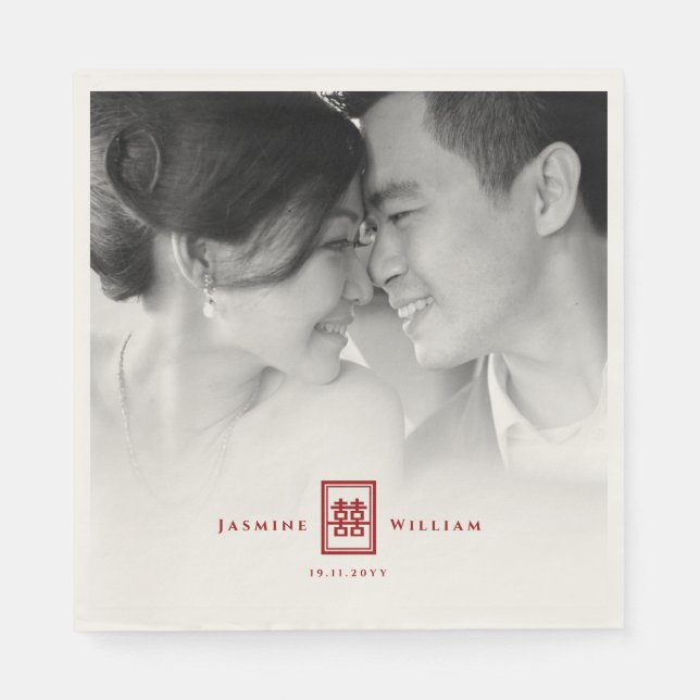 Rectangle Double Happiness Chinese Wedding Photo Napkin (Front)