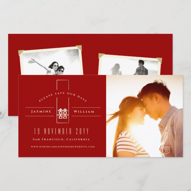 Rectangle Double Happiness Chinese Wedding Photo Save The Date (Front/Back)