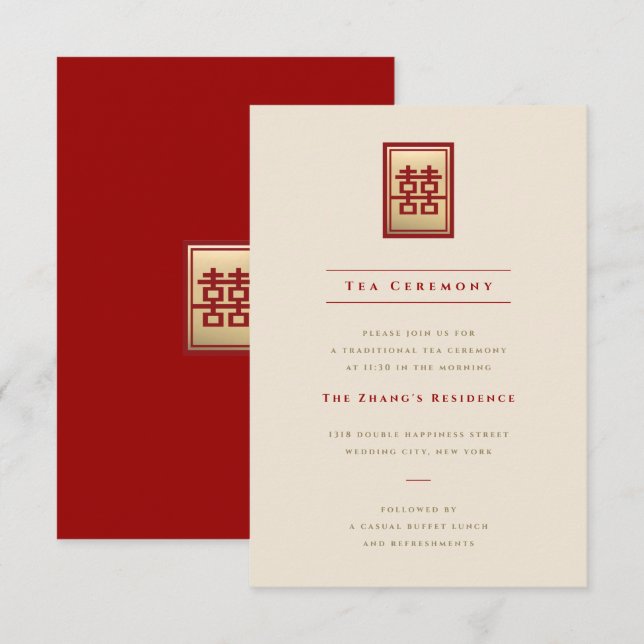 Rectangle Double Happiness Gold Chinese Wedding Invitation (Front/Back)