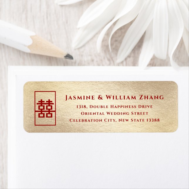 Rectangle Double Happiness Gold Chinese Wedding Return Address Label (Insitu)