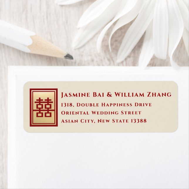 Rectangle Double Happiness Gold Chinese Wedding Return Address Label (Insitu)