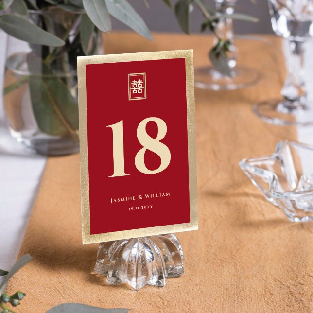 Rectangle Double Happiness Gold Chinese Wedding Table Number (Creator Uploaded)