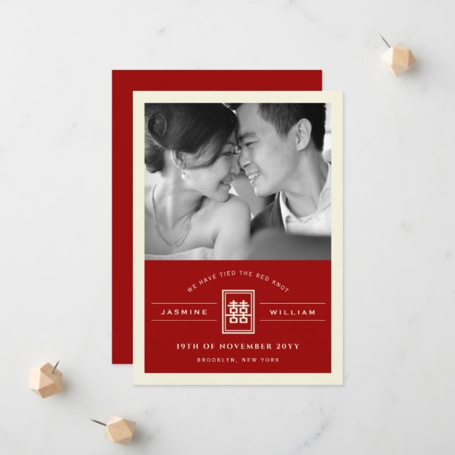 Rectangle Double Happiness Photo Chinese Wedding Announcement (Front/Back In Situ)
