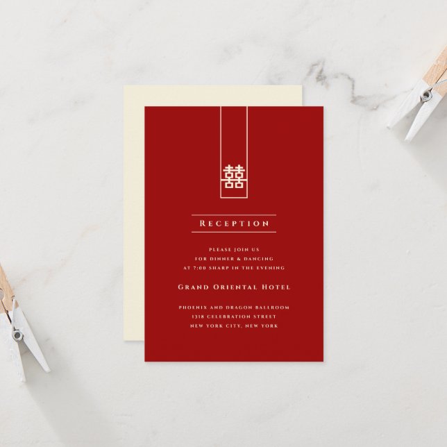 Rectangle Double Happiness Simple Chinese Wedding Invitation (Front/Back In Situ)