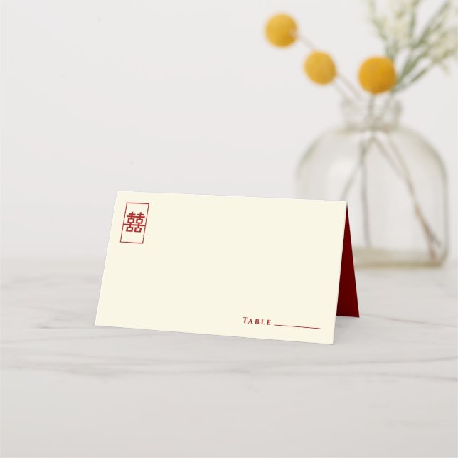 Rectangle Double Happiness Simple Chinese Wedding Place Card (Front)