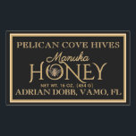 Rectangle Honey Label Black Gold Vintage Bee<br><div class="desc">This elegant black and gold honey label allows you to personalise with your beekeeping business name,  type of honey,  net weight and apiary location.  Precalculated net weight options: choose your jar size from the form field. Vintage bee illustration in the centre.</div>