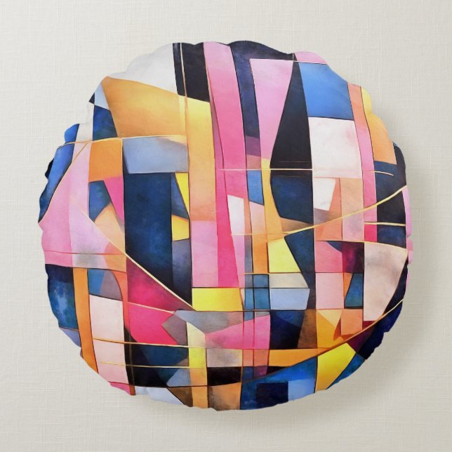 Rectangles and Triangles Geometric Abstract Round Cushion (Front)