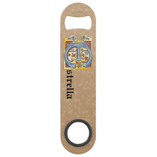 Rectangular Blue and Red Ivy Illuminated Letter E