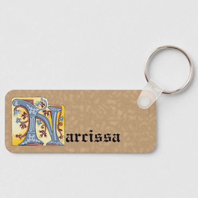 Rectangular Blue and Red Ivy Illuminated Letter N Key Ring (Front)