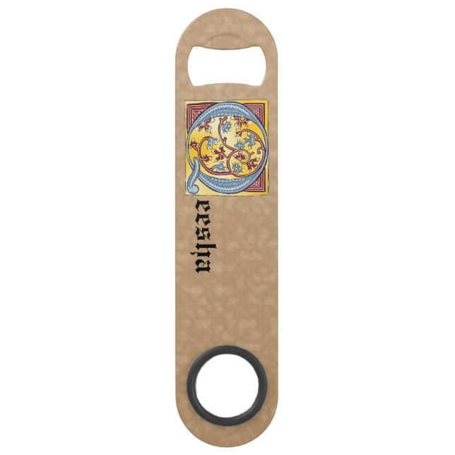 Rectangular Blue and Red Ivy Illuminated Letter Q (Front)