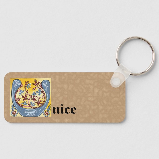 Rectangular Blue and Red Ivy Illuminated Letter U Key Ring (Front)