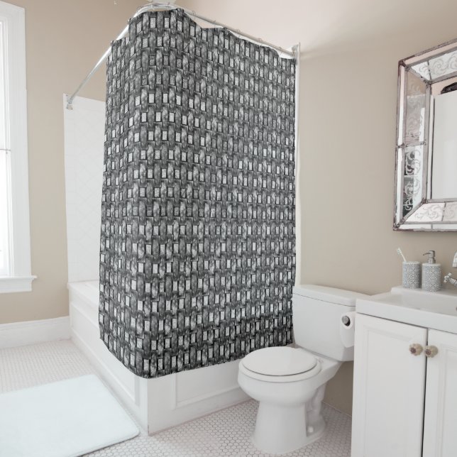 Rectangular plates carved and stained, black grey shower curtain (In Situ)