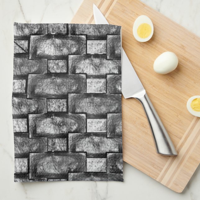 Rectangular plates carved and stained, black grey tea towel (Quarter Fold)