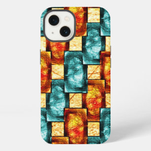 Rectangular plates carved and stained, cyan orange iPhone 13 case