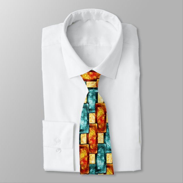 Rectangular plates carved and stained, cyan orange tie (Tied)