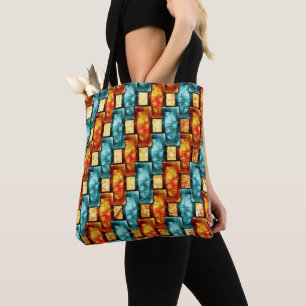 Rectangular plates carved and stained, orange cyan tote bag