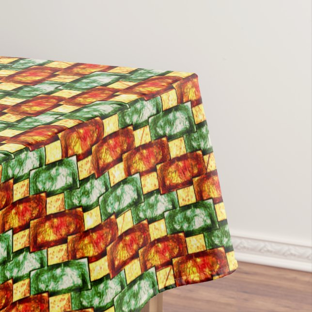 Rectangular plates carved and stained, red green tablecloth (In Situ)