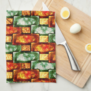 Rectangular plates carved and stained, red green tea towel