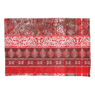 Rectangular textile design with ornate red, white, pillowcase