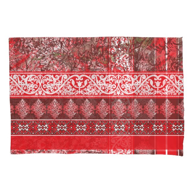 Rectangular textile design with ornate red, white, pillowcase (Front-Left)