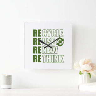 Recycle reduce reuse renew rethink square wall clock