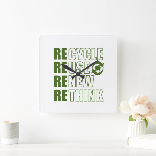 Recycle reduce reuse renew rethink square wall clock (Home)