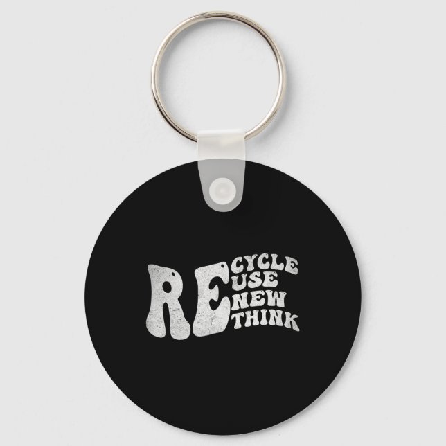 Recycle Reuse Renew Rethink Retro Groovy Earth Day Key Ring (Front)