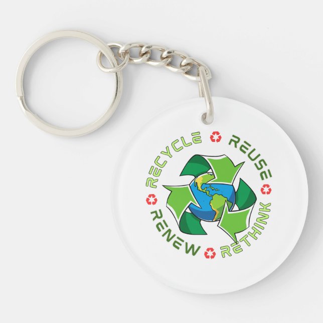 Recycle, Reuse, Renew, Rethink. Save Planet Earth Key Ring (Front)
