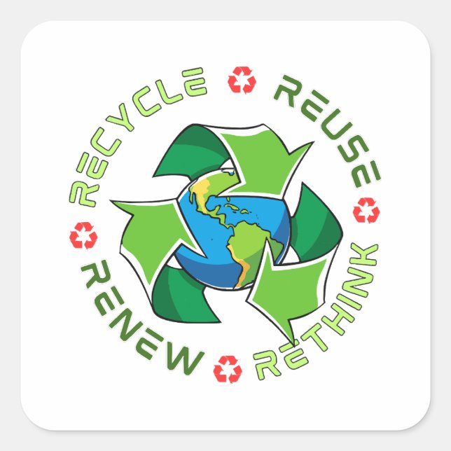 Recycle, Reuse, Renew, Rethink. Save Planet Earth. Square Sticker (Front)