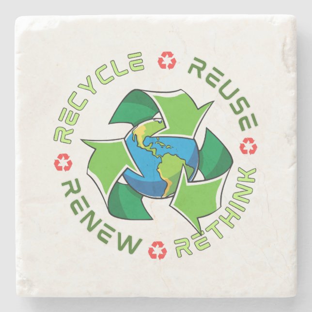Recycle, Reuse, Renew, Rethink. Save Planet Earth Stone Coaster (Front)
