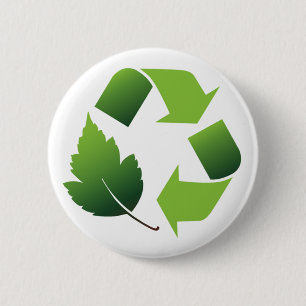 RECYCLE SYMBOL WITH LEAF 6 CM ROUND BADGE