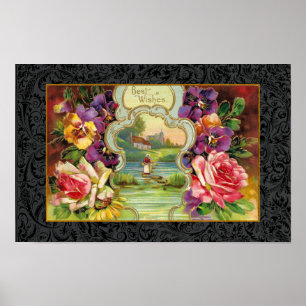 RECYCLED FINE ART 1915 'BEST WISHES' SENTIMENT POSTER