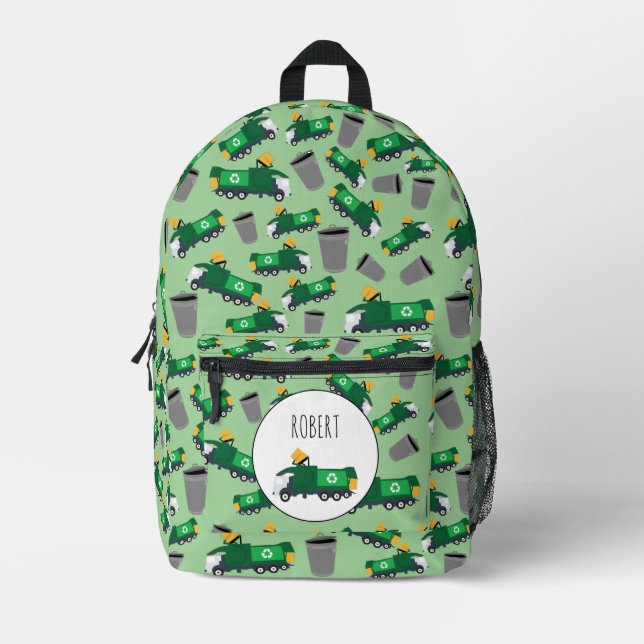 Recycling Garbage Truck Pattern Boys Name Printed Backpack (Front)