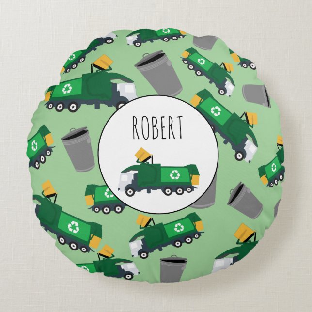 Recycling Garbage Truck Pattern Boys Name Round Cushion (Front)