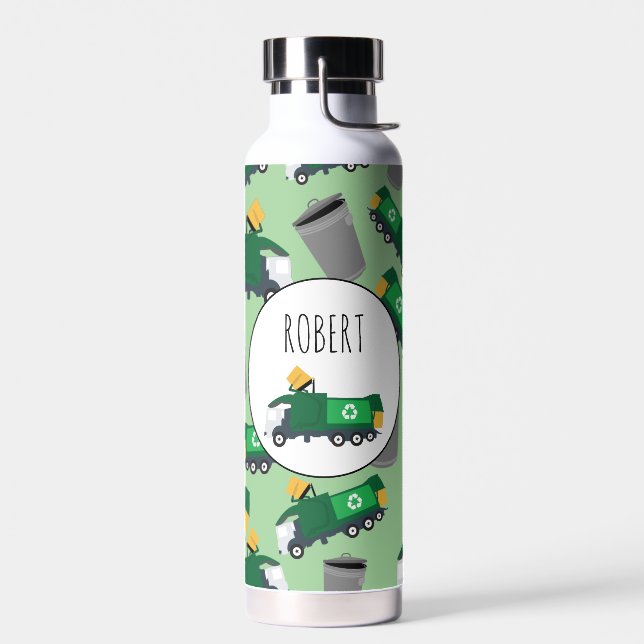 Recycling Garbage Truck Pattern Boys Name  Water Bottle (Left)