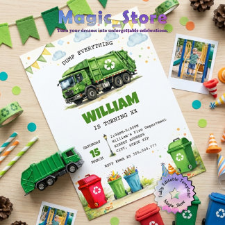 Recycling Garbage Truck Trash Can Birthday Party Invitation