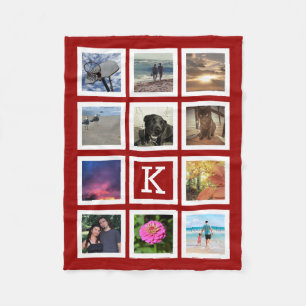 Red 11 Photo Collage Mosaic Square Frame Monogram Fleece Blanket
