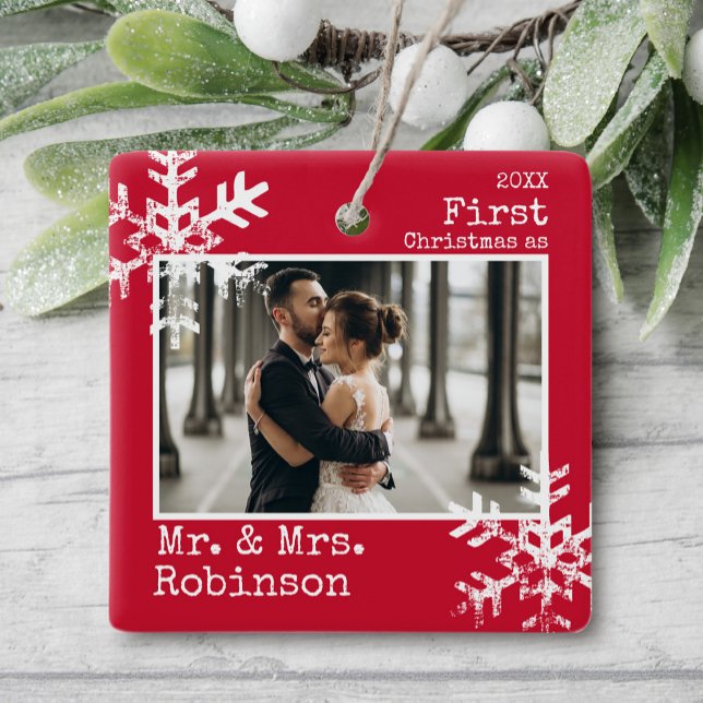 Red 1st Christmas Mr. & Mrs. Photo Ceramic Ornament (Rustic snowflake newlywed holiday keepsake photo ornament perfect for gifts to bring joy to others.)