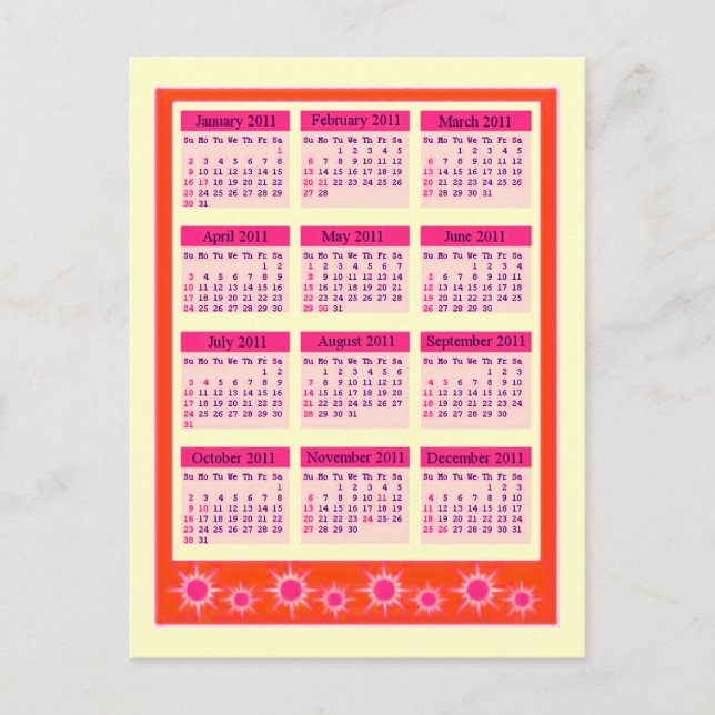 Red 2011 Year at a Glance Calendar Postcard (Front)