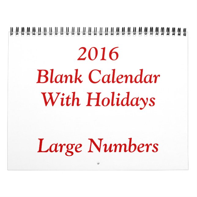 Red 2016 Blank Calendar With Large Numbers (Cover)
