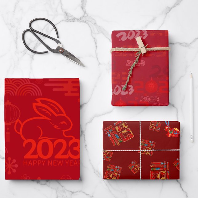 Red 2023 Lunar New Year Rabbit 福 Blessings Wrappin Wrapping Paper Sheet (Creator Uploaded)