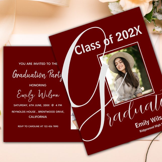 Red 2025 GRAD Photo Graduation Party Invitation Postcard (2024 GRAD 2 Photo Graduation Party Invitation Postcard)