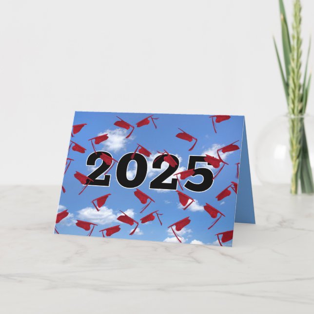Red 2025 Graduation Caps in Sky  Card (Front)