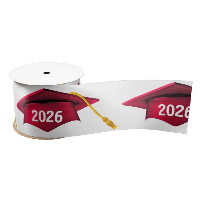 Red 2025 Graduation Caps On White Satin Ribbon (Spool)