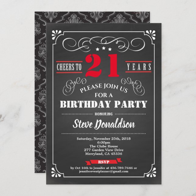 Red 21st birthday party chalkboard retro invitation (Front/Back)